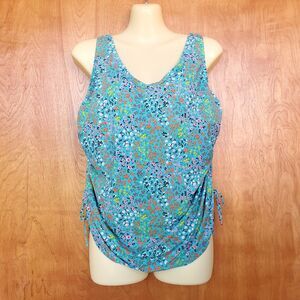 Lands End Tankini Swimsuit Top 16W Blue Ditsy Floral Ruched Side Tie Underwire